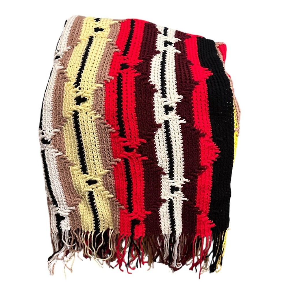 Vtg Crochet Afghan Red Black Brown White Blanket Throw Fringe Southwestern 60x44